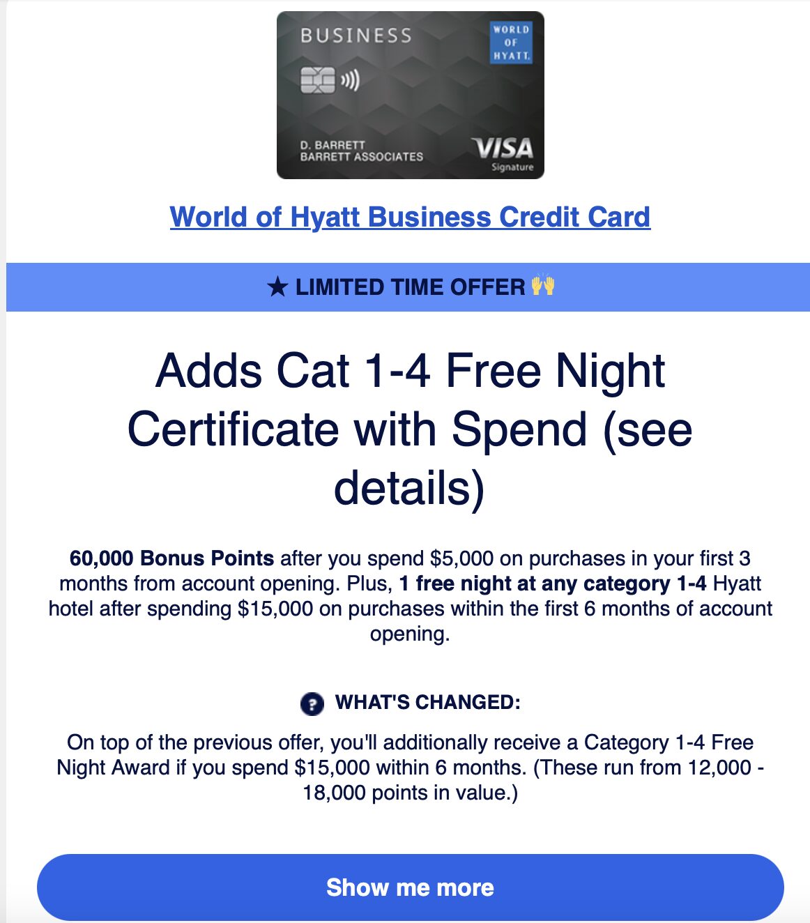 world of hyatt business card increased offer with free night certificate